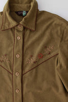 70s Embroidered Green Ultrasuede Shirt Dress Made in Japan