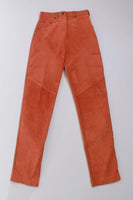 1990s Vintage Pumpkin Orange Butter Soft Suede and Ribbed Stretch Knit High Waist Stretch Pants Made in Canada Size Small 26-28&quot; waist