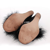 Marabou Feather Black Satin Bedroom Slippers Wedge Heel Size 7 7.5 USA