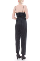 Vintage Shiny Ruched Black Jumpsuit Size Medium