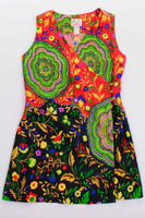 60s LILIA Psychedelic 2pc Bell Bottom and Long Tunic Top Outfit Red Green Yellow Barkcloth Pantsuit Medium-Large-38&quot; bust-33&quot; waist-44&quot; hips