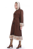 70s Vintage Faux Fur and Vegan Suede Hooded Boho Hippie Maxi Coat Made in Canada Womens Size Medium