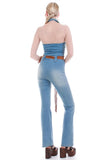 Vintage Denim Jumpsuit with Suede Fringe Belt