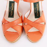 Deadstock 70s Vintage Orange Leather Wedge Cork Sandals Made in Spain Size 6