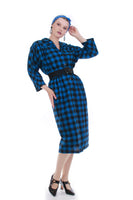 Vintage Buffalo Plaid Blue and Black 1940s Bombshell Style Woven Dress