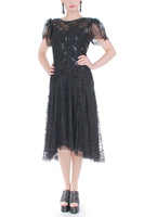80s Vintage Black Lace and Sequin Drop Waist Dress Size Medium