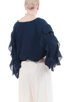 70s Navy Ruffled Sleeve Plunging Chiffon Wrap Blouse Made in the USA size XL+ 46&quot; waist