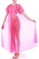 1960s Vintage Neon Hot Pink Sheer Double Layer Nylon Floral Chiffon Peignoir Robe
