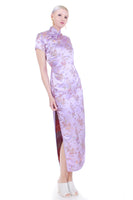 Vintage Lavender Dragon Embroidered Shiny Satin Cheongsam Maxi Dress Women's Size Small