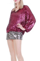 Vintage Pink Magenta Metallic Sequin Loose Knit Top Made in the USA Size Medium