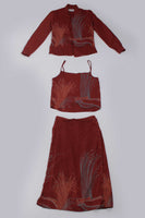 70s Vintage 3pc Set Rayon Top Blouse and High Waist Skirt