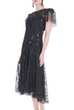 80s Vintage Black Lace and Sequin Drop Waist Dress Size Medium