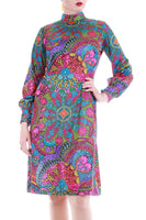60s Neon Peter Max Style Psychedelic Print Long Sleeve Silky Nylon Dress