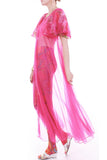 1960s Vintage Neon Hot Pink Sheer Double Layer Nylon Floral Chiffon Peignoir Robe