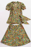 60s Vintage 2pc Shiny Psychedelic High Waist Mini Skirt and Wrap Top Set