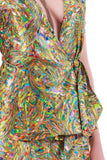 60s Vintage 2pc Shiny Psychedelic High Waist Mini Skirt and Wrap Top Set