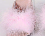 Y2K 90s Pastel Pink Marabou Feather PomPom Clear Platform High Heels Size 8 narrow USA