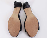 Vintage Fur Pom Pom Black Satin Bedroom Slippers Pumps Women's Size 9