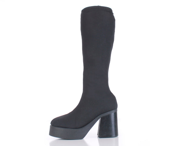 90s Black Platform Stretch Fabric Neoprene Knee High Heel Boots Size 7.5 USA