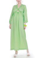 70s Slinky Lime Green Keyhole Plunging Bishop Sleeve Maxi Dress Women's Size Small