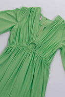 70s Slinky Lime Green Keyhole Plunging Bishop Sleeve Maxi Dress Women's Size Small