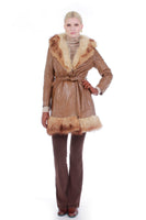 Vintage Caramel Leather Wrap Coat with Fur Trim Penny Lane Jacket Size Small