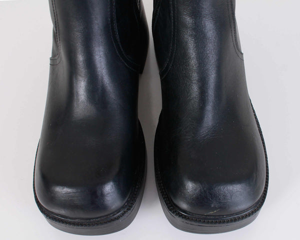 90s Steve Madden Black Leather Platform Knee High Boots Rave Goth Wome ...