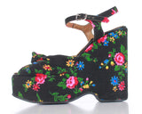 1970s True Vintage Floral Mega Wedge Platform Sandals Boho Disco Women's Size 6.5 - 7