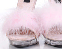 Y2K 90s Pastel Pink Marabou Feather PomPom Clear Platform High Heels Size 8 narrow USA