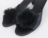 Vintage Fur Pom Pom Black Satin Bedroom Slippers Pumps Women's Size 9