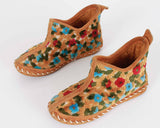 60s Vintage Chenille and Suede Colorful Floral Moccasins Slippers Women's Size 8 USA