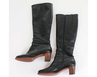 70s Vtg Tall Black Leather Knee High Faux Shearling Lined Boho Boots Size 7 - 7.5