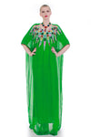 60s 70s Vintage Green Crepe Sheer Silk Chiffon Colorful Beaded Caftan Maxi Dress