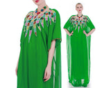 60s 70s Vintage Green Crepe Sheer Silk Chiffon Colorful Beaded Caftan Maxi Dress