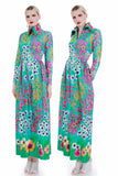 60s 70s Vtg Neon Dayglo Floral Slippery Nylon Housedress Long Sleeve Maxi Size S 26" waist