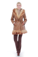 Vintage Caramel Leather Wrap Coat with Fur Trim Penny Lane Jacket Size Small