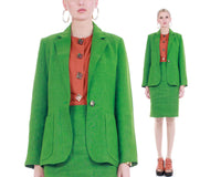 Vintage Grass Green Linen 2 Piece Tailored Blazer and High Waist Skirt Suit Womens Size M 30" waist