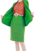 Vintage Grass Green Linen 2 Piece Tailored Blazer and High Waist Skirt Suit Womens Size M 30" waist