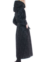 Vintage Black Velvet Textured Trench Coat Nylon Swirl Pattern Raincoat Women's Size XL 48" bust