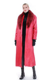 80s Insulated Red Leather Fur Collar Belted Maxi Wrap Coat Womens Size L 46" bust