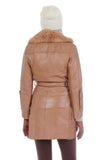 60s 70s Vtg Leather Shearling Fur Collar Caramel Tan Belted Jacket Size XS/S 36&quot; bust