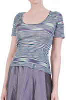 Missoni Italy Blue Space Dyed Striped Knit Slinky Deep Scoop Short Sleeve Top Size XS