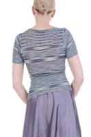 Missoni Italy Blue Space Dyed Striped Knit Slinky Deep Scoop Short Sleeve Top Size XS