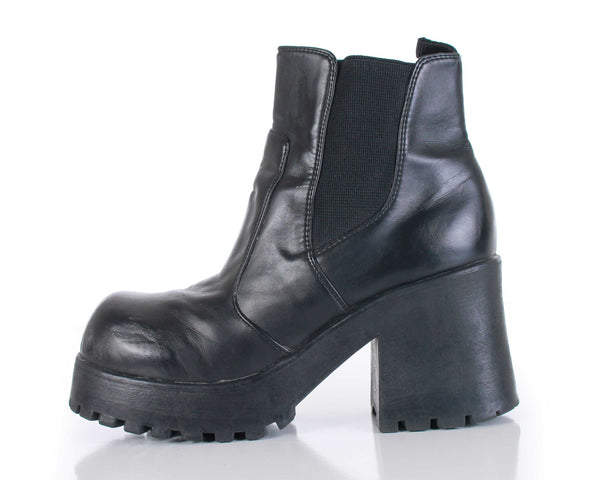 90s Black Vegan Leather Chunky Platform Block Heel Ankle Boots Size US 8.5-9 | UK 6.5-7 | EUR 39-40