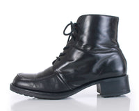 90s Black Leather Lace Up Block Heel Ankle Boots Women's Size US 8 | UK 6 | EUR 38-39