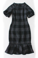 80s Wool Checkered Gray and Black Bubble Sleeve Lace Up Corset Dress 32"-26"-32"