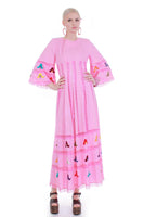 Vintage Pink Cotton Embroidered Mexican Bell Sleeve Maxi Dress Bordados Mexicanos Size Small
