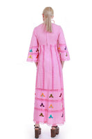 Vintage Pink Cotton Embroidered Mexican Bell Sleeve Maxi Dress Bordados Mexicanos Size Small