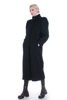 Vintage Puff Shoulder High Neckline Long Black Wool Coat Made in the USA Size M
