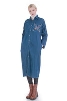 Vintage Oscar de la Renta Denim Duster Jacket Embroidered Bedazzled Long Top L 45"-44"-43"